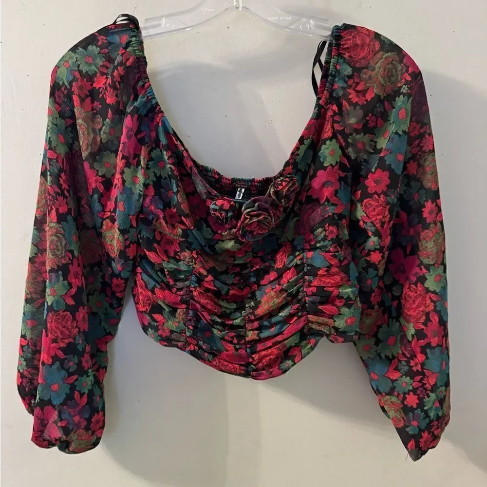 Free People Oh Layla Floral Cropped Blouse With Front Ruching Sheer Sleeves